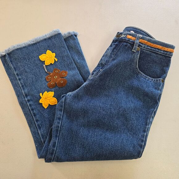 S.L.A. Jeans Junior 7 8 Cut Off Floral Embroidered Straight Leg Medium Wash Blue - Picture 11 of 16